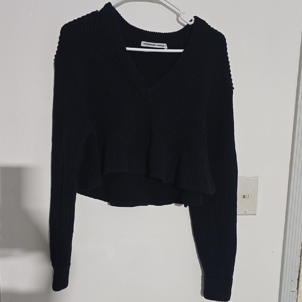ALEXANDER WANG Cropped V Neck Ribbed Peplum Pullover Sweater in Black Size Small - Picture 4 of 9